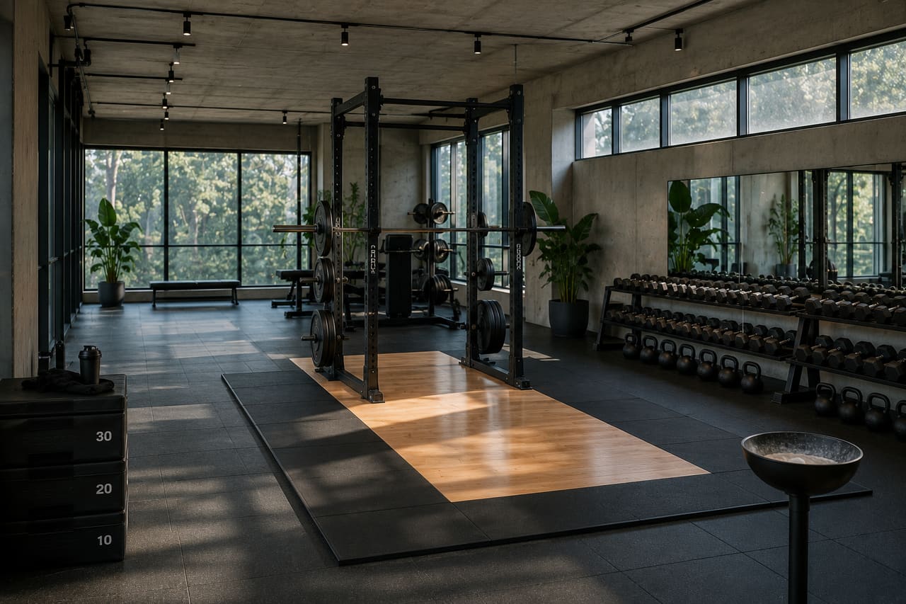 Sala de fuerza con racks y plataforma de madera